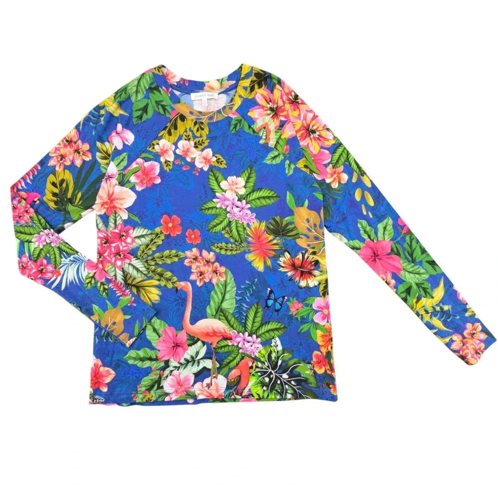 Johnny Was Tropical Flamingo Pajama Set Blue Floral Pima Cotton Modal XS